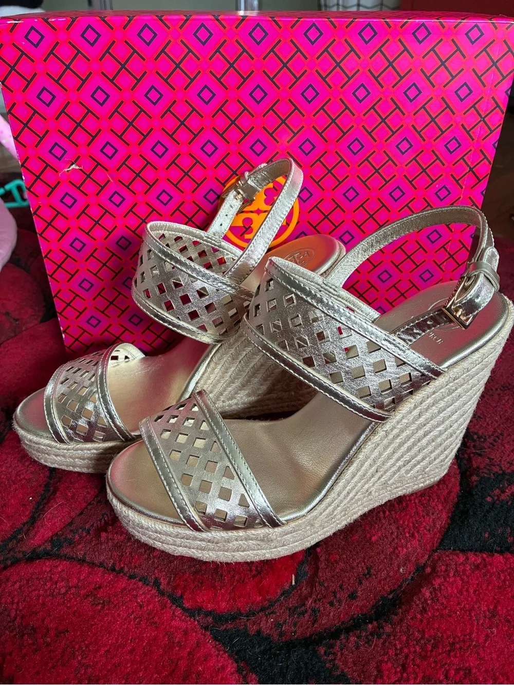 Tory Burch Metallic Gold Espadrille Wedges